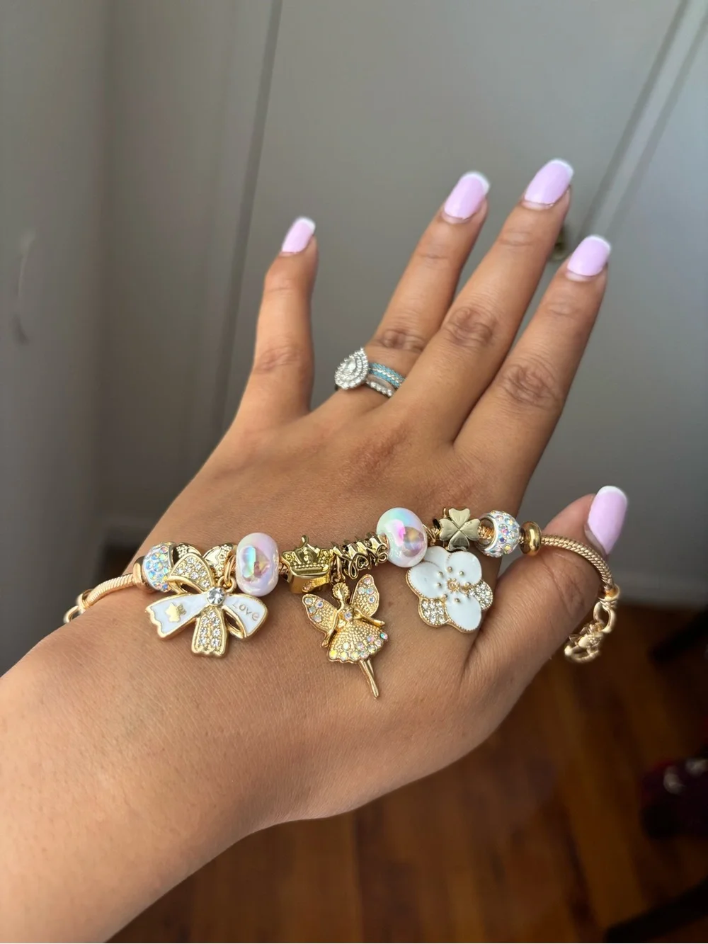 Gold Charm Bracelet with Iridescent Beads and Fairy Charms 🌸
